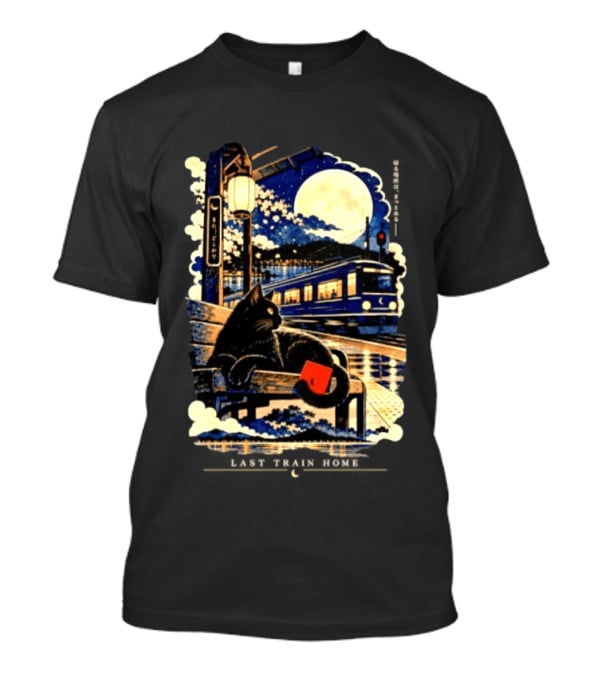 Last Train Home Black Cat Under Moonlit Sky Japanese Aesthetic T-Shirt