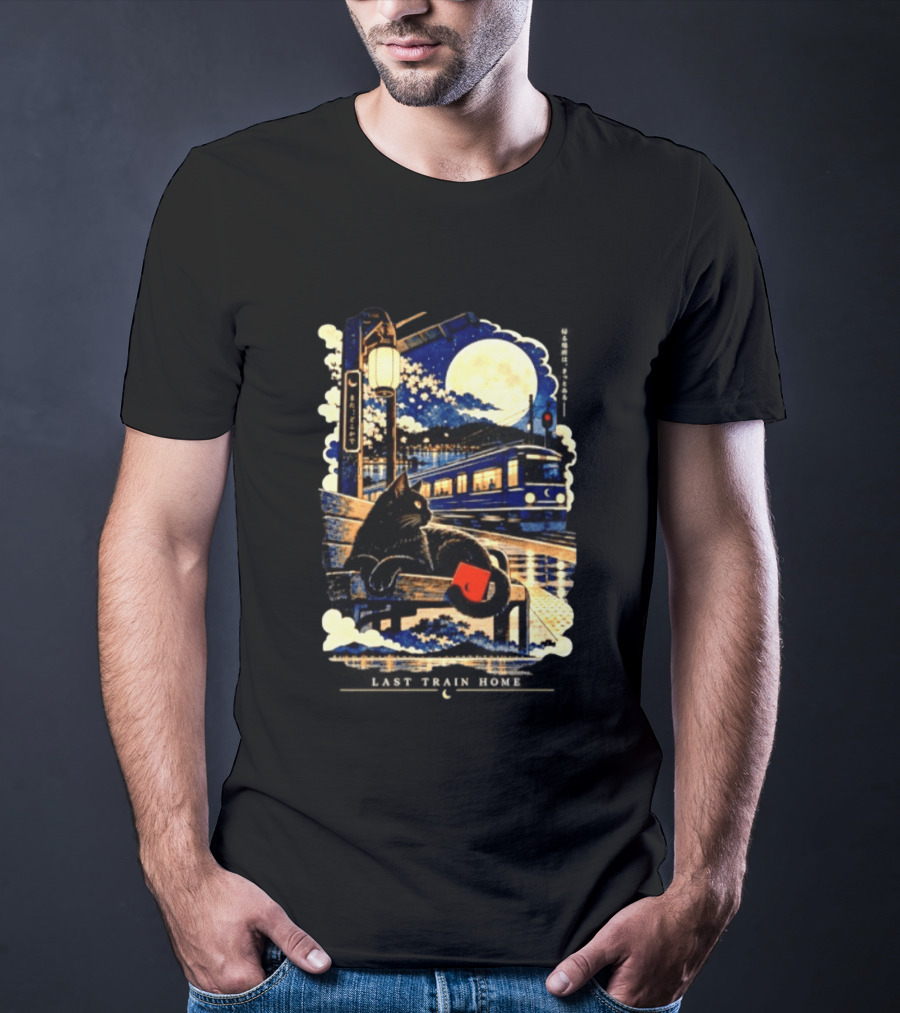 Last Train Home Black Cat Under Moonlit Sky Japanese Aesthetic T-Shirt