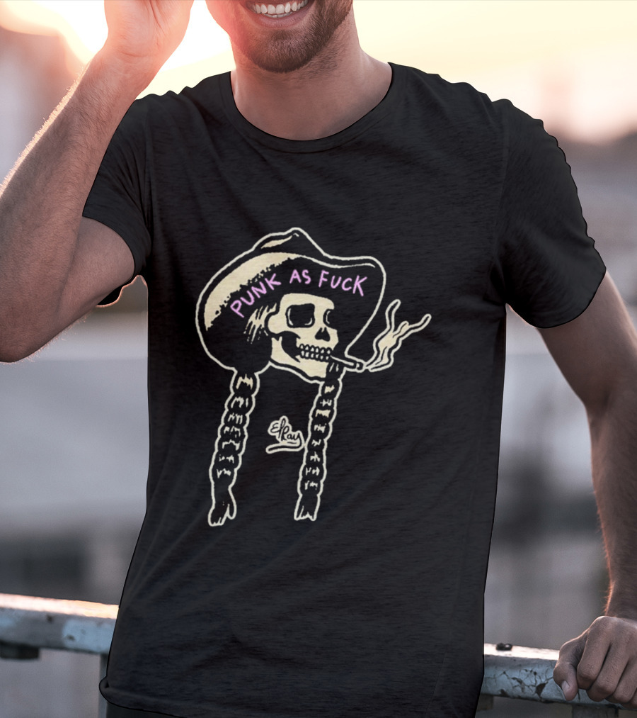 Punk As Fuck Skeleton Smoking Cowboy Hat Braids T-Shirt