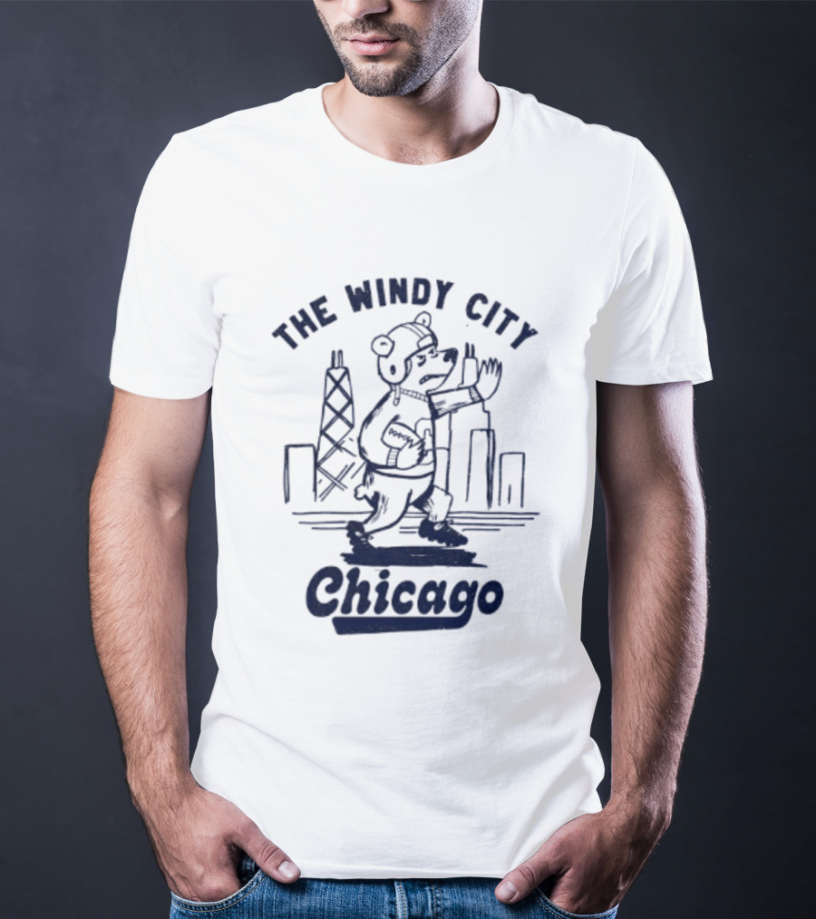 Chicago Bears The Windy City Football Character And Skyline T-Shirt