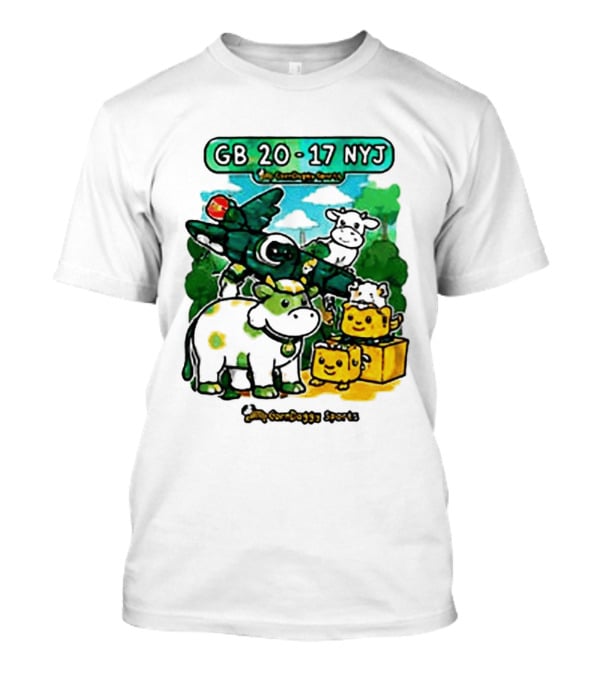 GB 20 17 NYJ Green Bay Football Green Cow Jet Cartoon Game Day T-Shirt