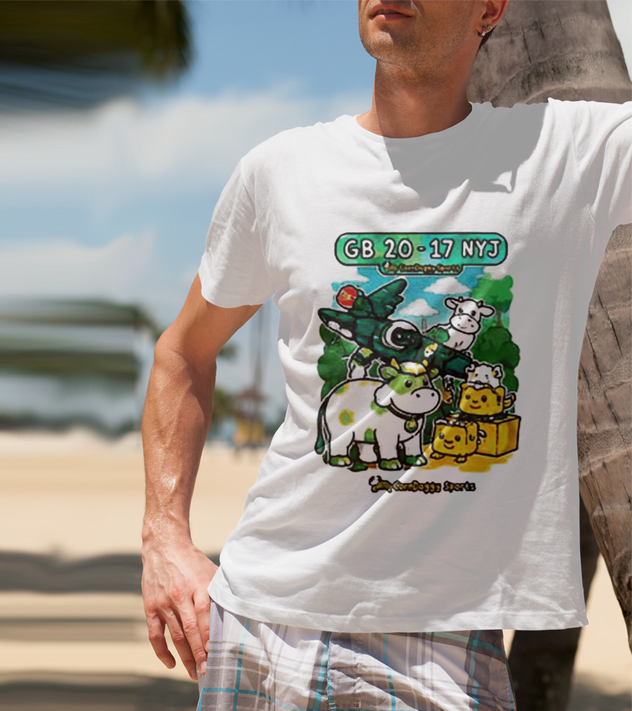 GB 20 17 NYJ Green Bay Football Green Cow Jet Cartoon Game Day T-Shirt