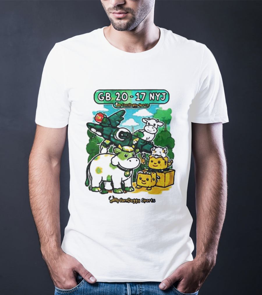 GB 20 17 NYJ Green Bay Football Green Cow Jet Cartoon Game Day T-Shirt