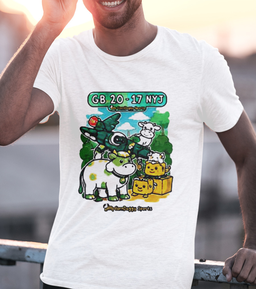 GB 20 17 NYJ Green Bay Football Green Cow Jet Cartoon Game Day T-Shirt