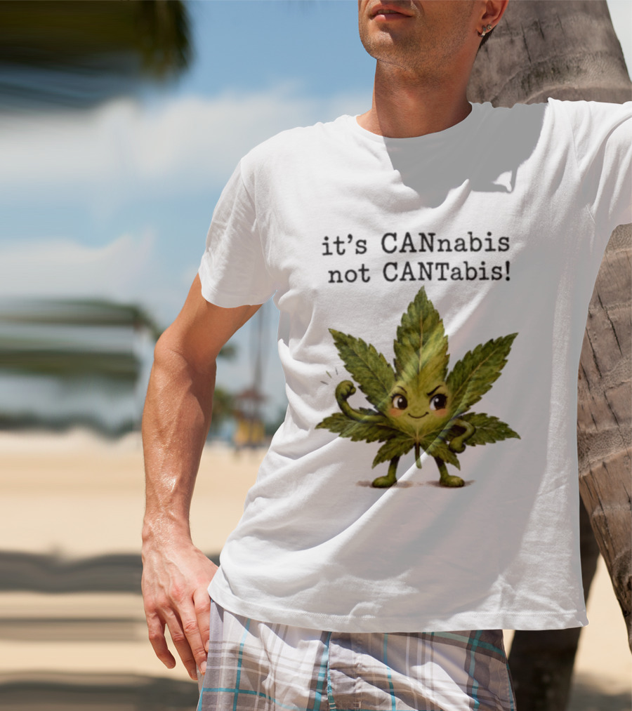 Cannabis Leaf Character It's CANnabis Not CANtabis Winking Cartoon T-Shirt
