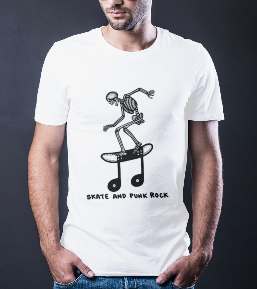 Skeleton Skater On Music Note Skateboard Punk Rock T-Shirt