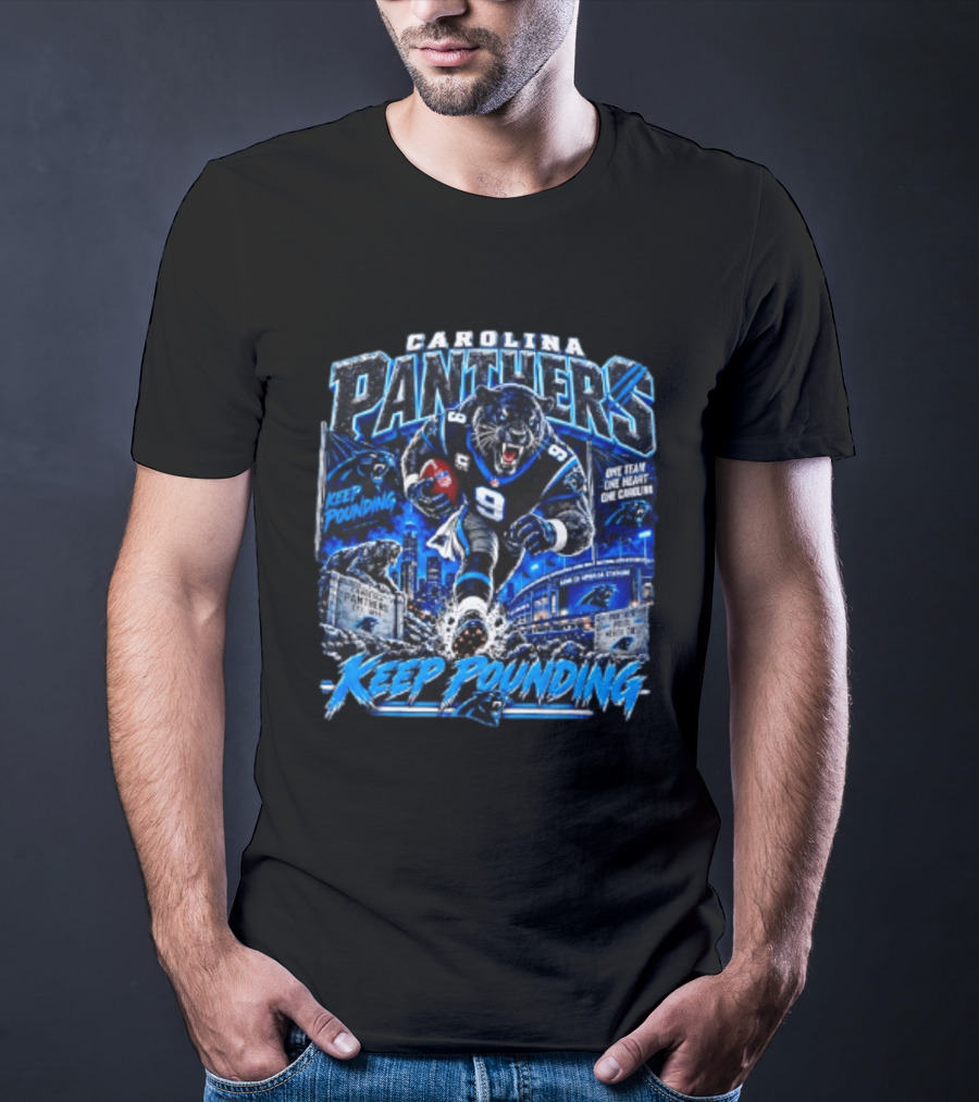 Carolina Panthers Keep Pounding One Team One Heart One Carolina Panthers 9 Football Player City Skyline T-Shirt
