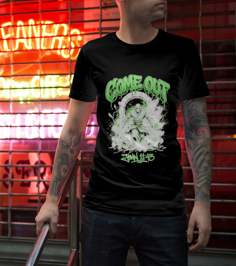 Come Out John 11 43 Mummy Bible Verse Green Drip T-Shirt