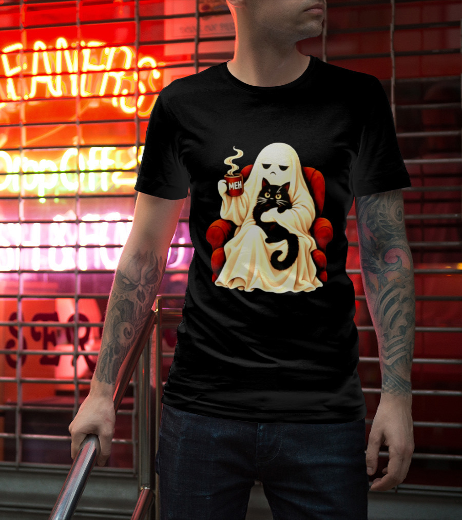 Ghost And Black Cat On Red Chair With Meh Coffee T-Shirt