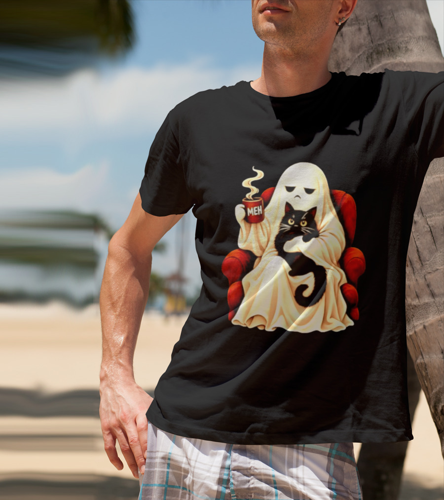 Ghost And Black Cat On Red Chair With Meh Coffee T-Shirt