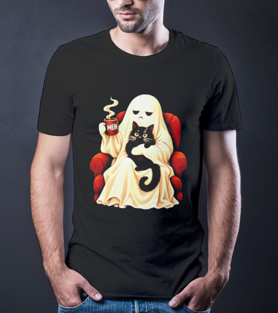 Ghost And Black Cat On Red Chair With Meh Coffee T-Shirt