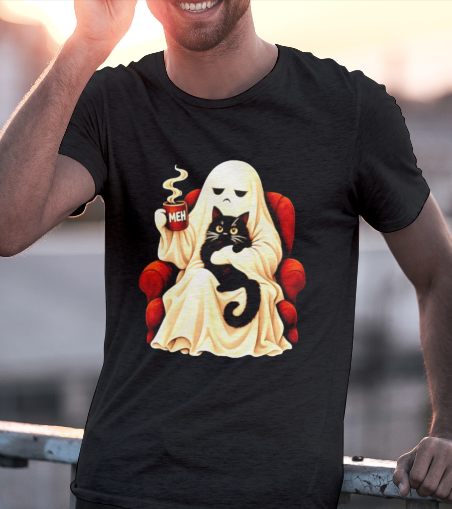 Ghost And Black Cat On Red Chair With Meh Coffee T-Shirt