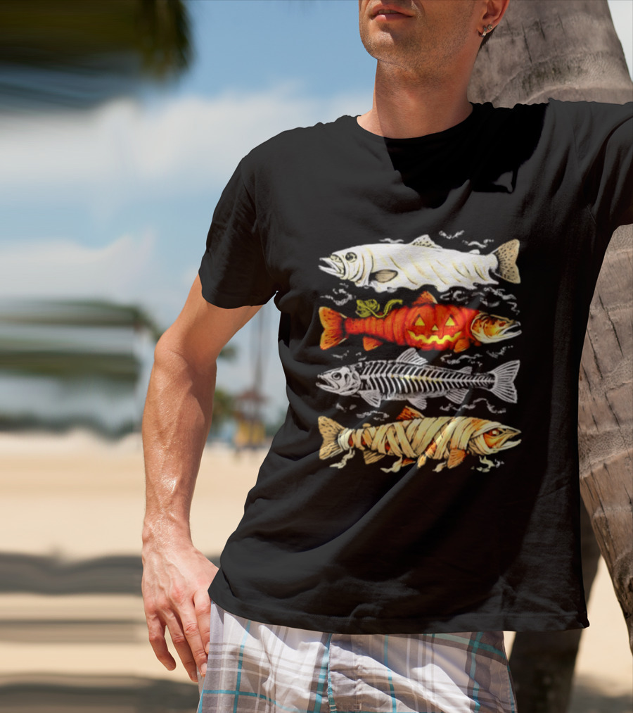 Halloween Pumpkin Mummy Fish Skeleton Trio T-Shirt