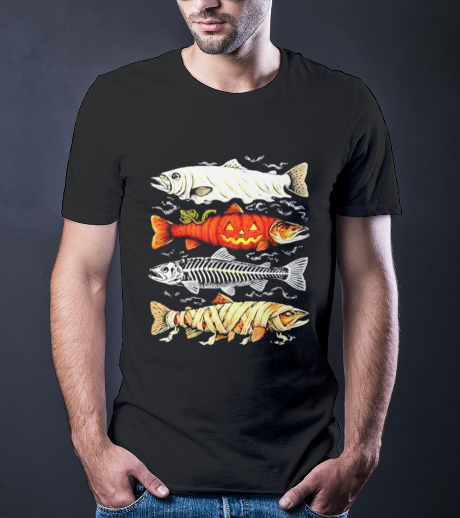 Halloween Pumpkin Mummy Fish Skeleton Trio T-Shirt