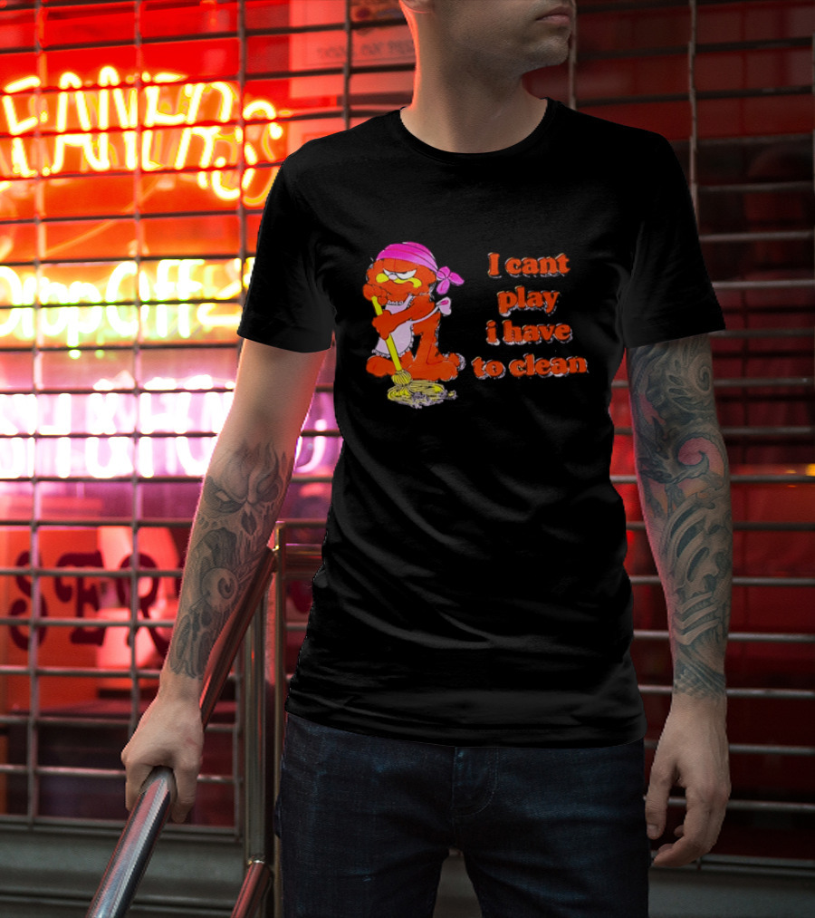Garfield I Can't Play I Have To Clean Comic Image With Mop And Bandana T-Shirt