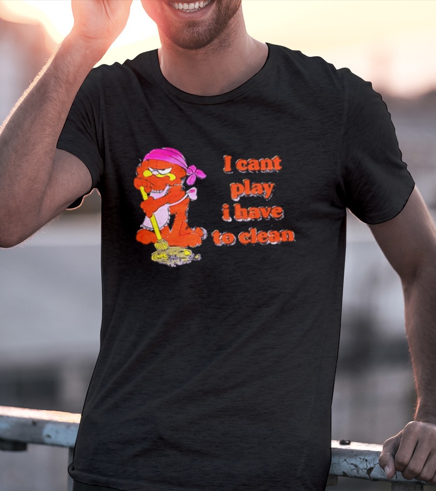 Garfield I Can't Play I Have To Clean Comic Image With Mop And Bandana T-Shirt