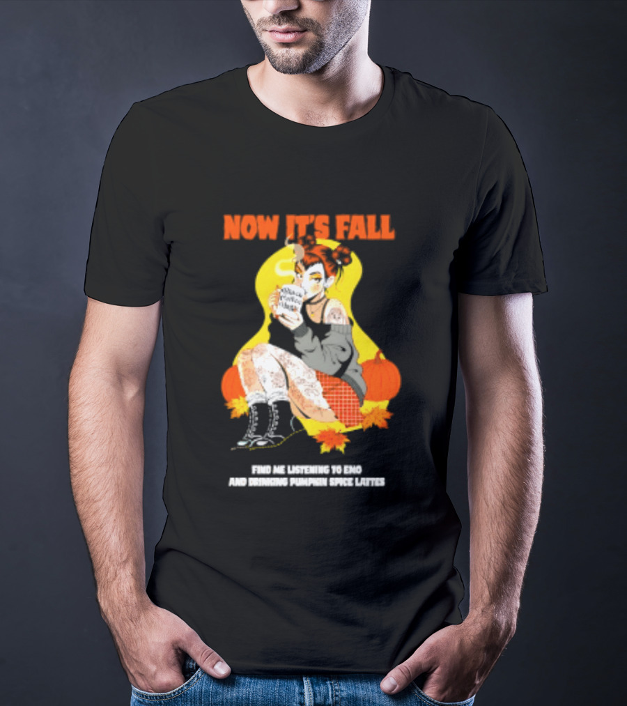 Now It's Fall Emo And Pumpkin Spice Lattes Aesthetic Cozy Autumn Vibes T-Shirt