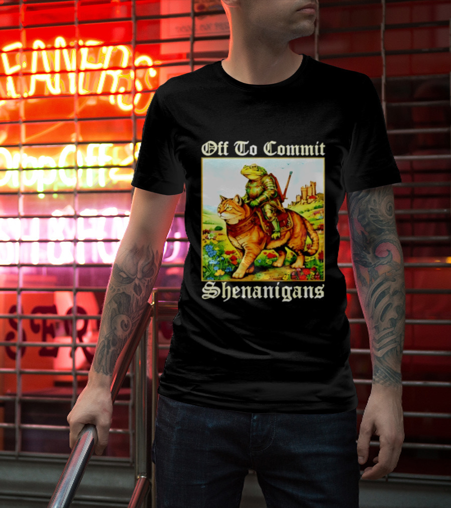 Off To Commit Shenanigans Frog Knight Riding Cat Medieval Adventure T-Shirt