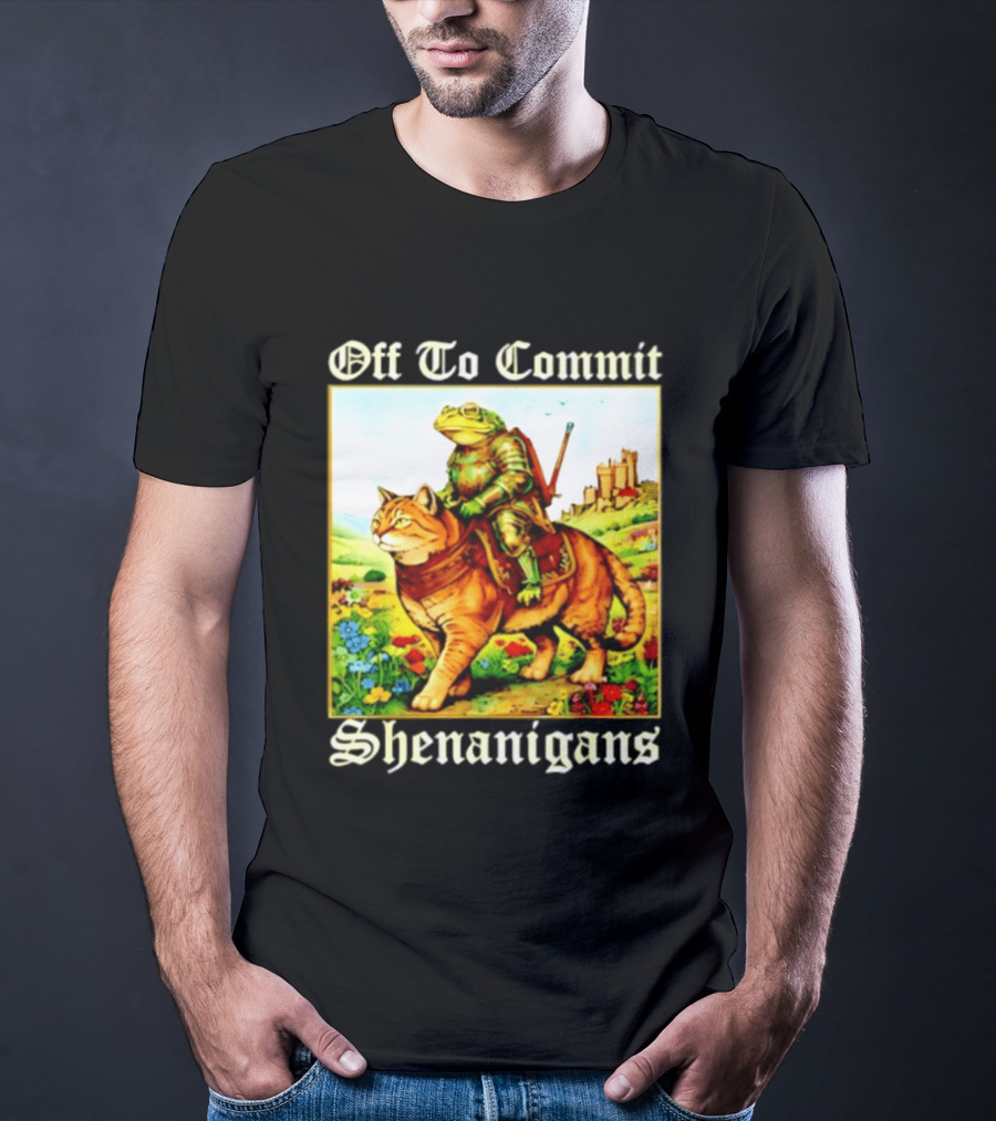Off To Commit Shenanigans Frog Knight Riding Cat Medieval Adventure T-Shirt