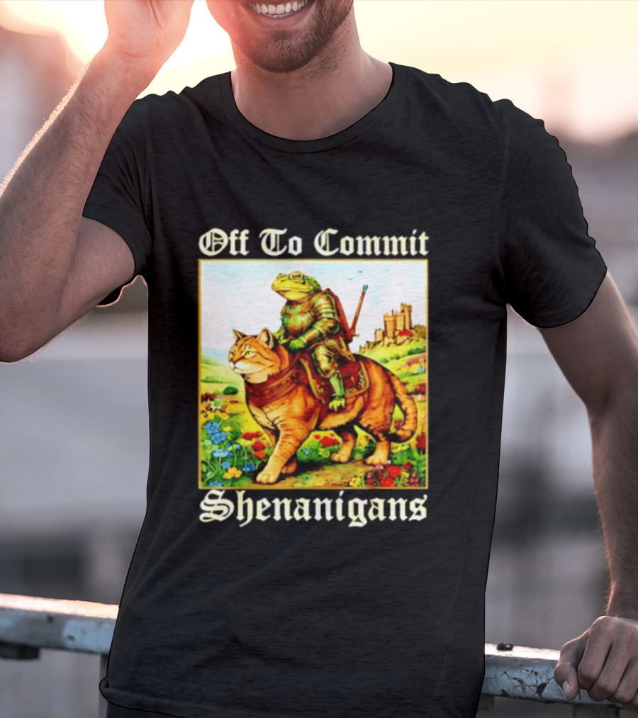 Off To Commit Shenanigans Frog Knight Riding Cat Medieval Adventure T-Shirt