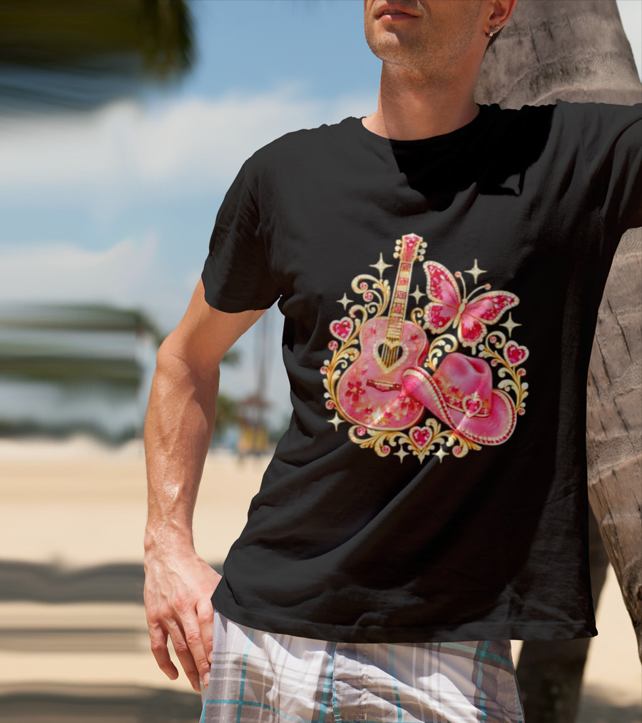 Pink Rhinestone Guitar Cowboy Hat Butterfly Hearts Sparkles T-Shirt