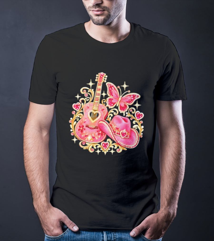Pink Rhinestone Guitar Cowboy Hat Butterfly Hearts Sparkles T-Shirt