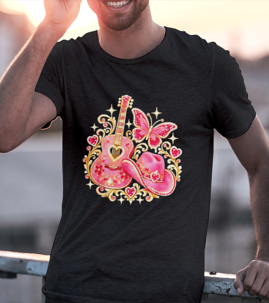 Pink Rhinestone Guitar Cowboy Hat Butterfly Hearts Sparkles T-Shirt