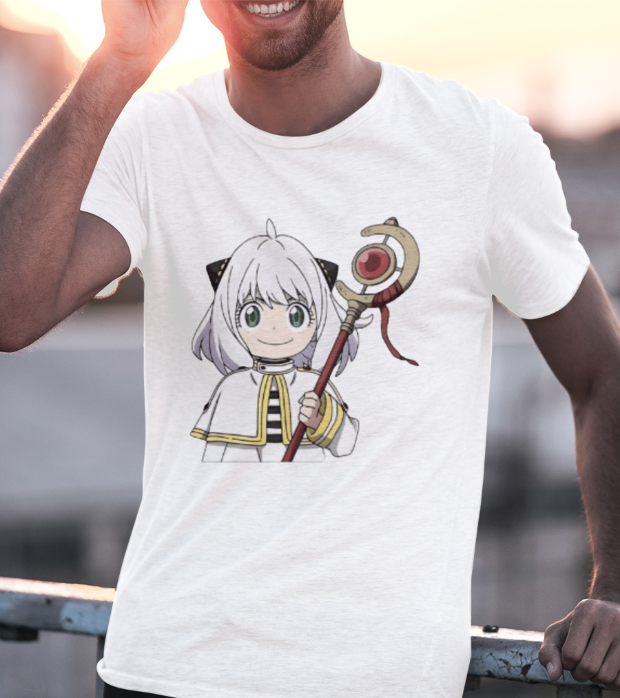 Anya Forger Frieren Crossover Anime Character With Magical Staff T-Shirt