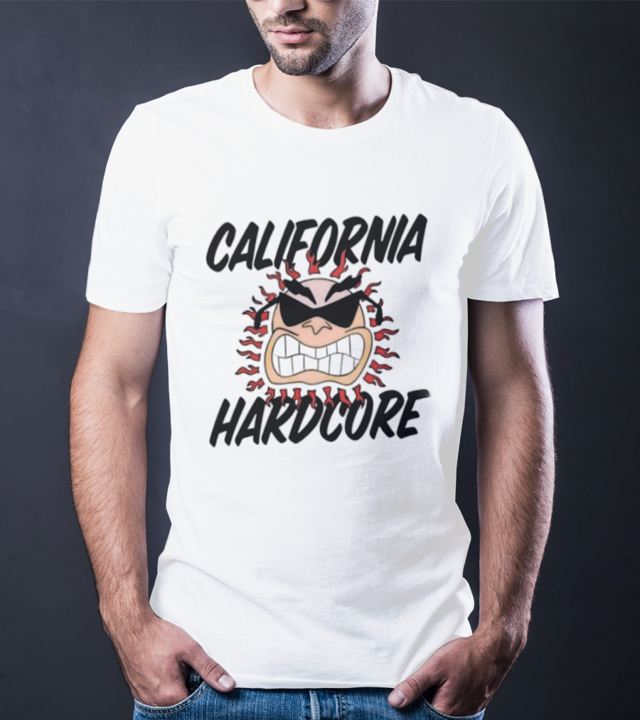 California Hardcore Sun With Sunglasses And Fierce Flames T-Shirt