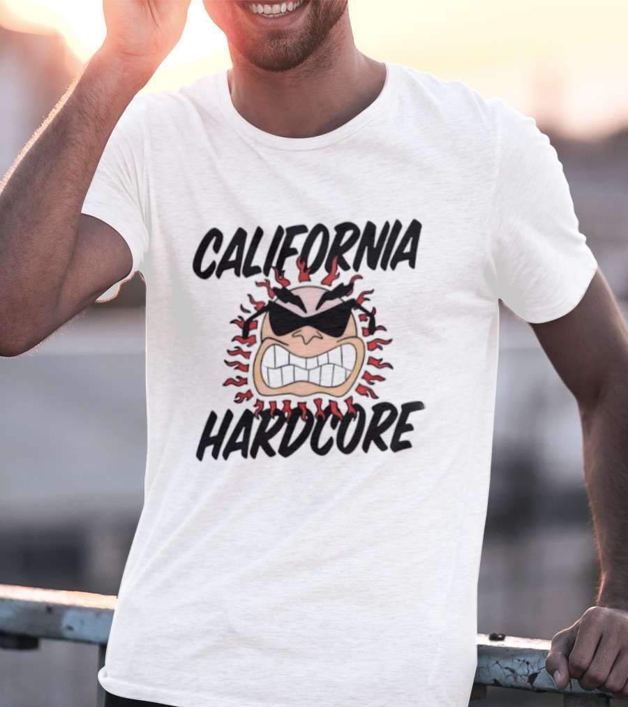 California Hardcore Sun With Sunglasses And Fierce Flames T-Shirt
