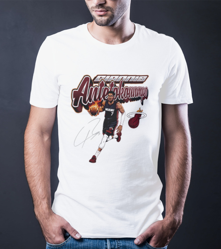 Giannis Antetokounmpo Miami Heat Basketball Cursive Script T-Shirt