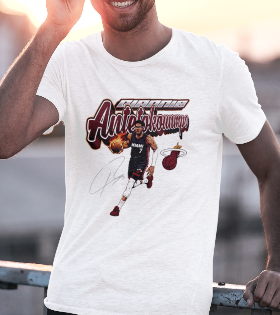 Giannis Antetokounmpo Miami Heat Basketball Cursive Script T-Shirt