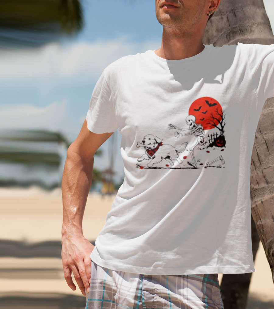 Golden Retriever And Skeleton Chase Under Red Moon With Bats And Pumpkin T-Shirt