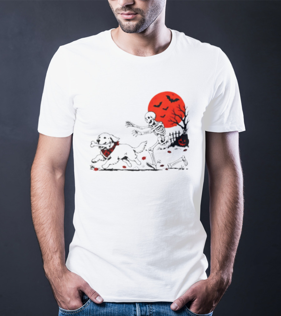 Golden Retriever And Skeleton Chase Under Red Moon With Bats And Pumpkin T-Shirt