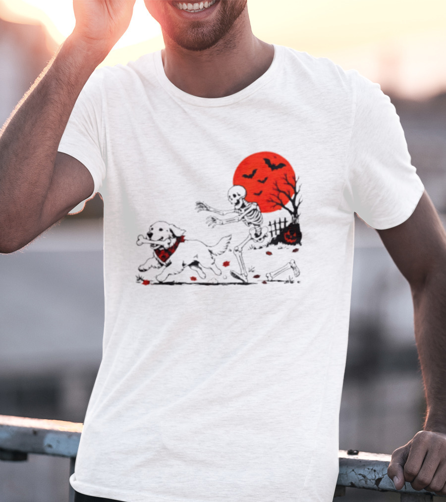 Golden Retriever And Skeleton Chase Under Red Moon With Bats And Pumpkin T-Shirt