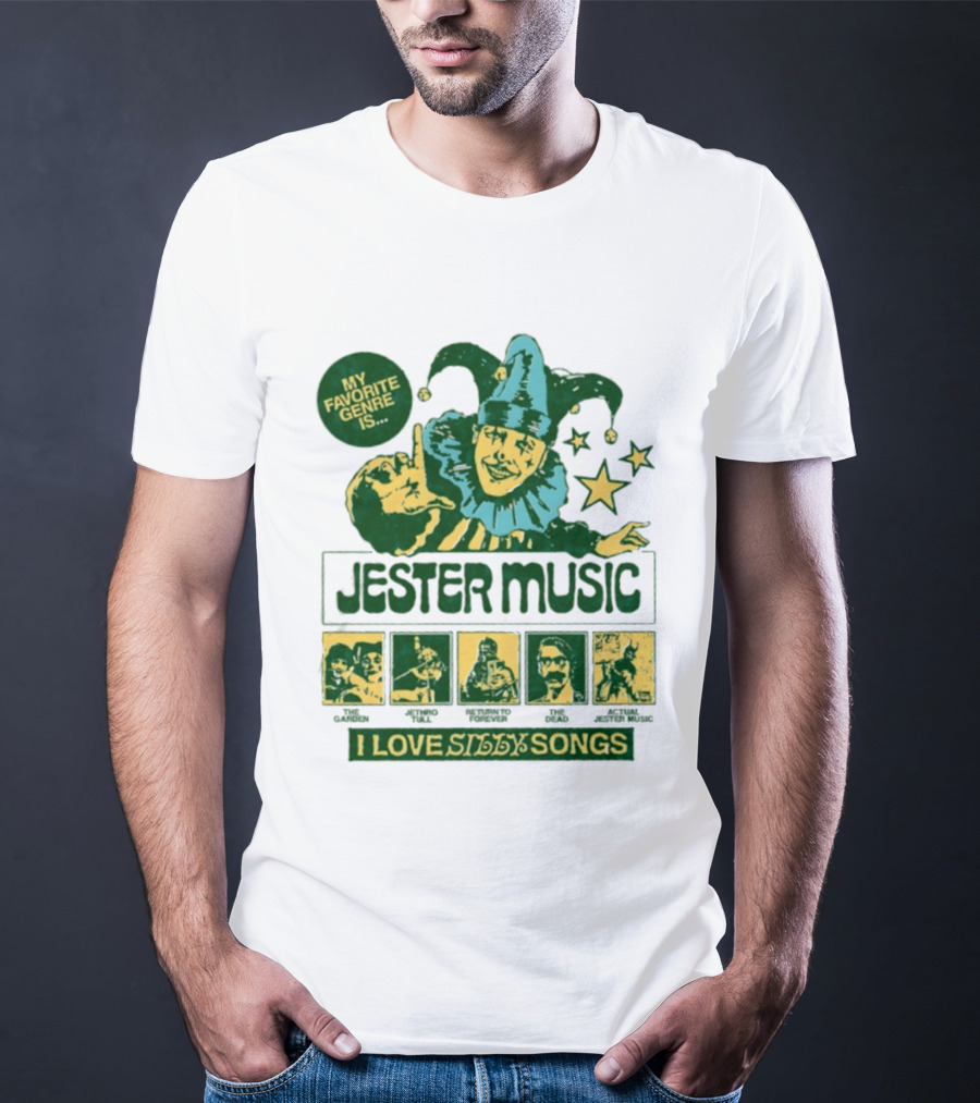 My Favorite Genre Is Jester Music I Love Silly Songs Playful Jester With Stars T-Shirt