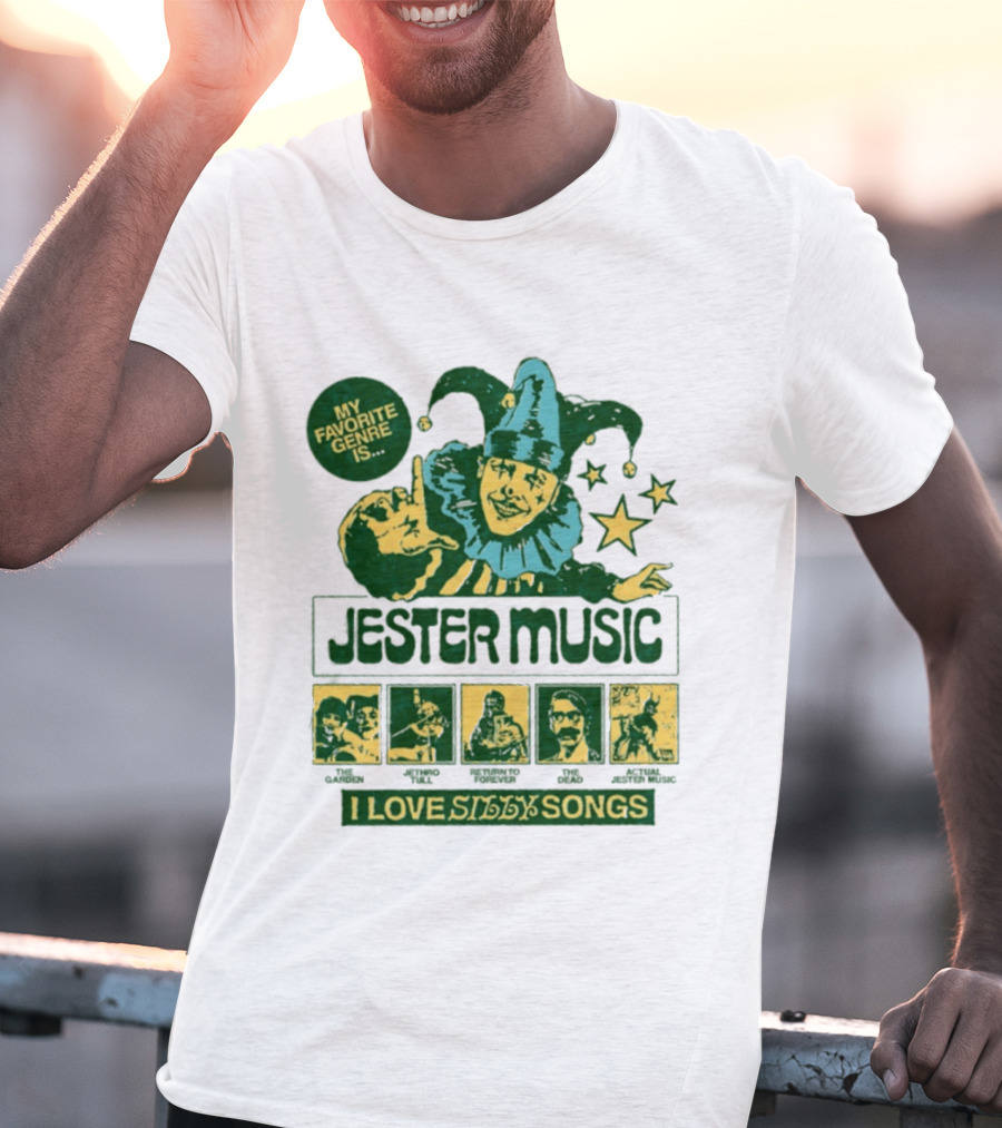 My Favorite Genre Is Jester Music I Love Silly Songs Playful Jester With Stars T-Shirt