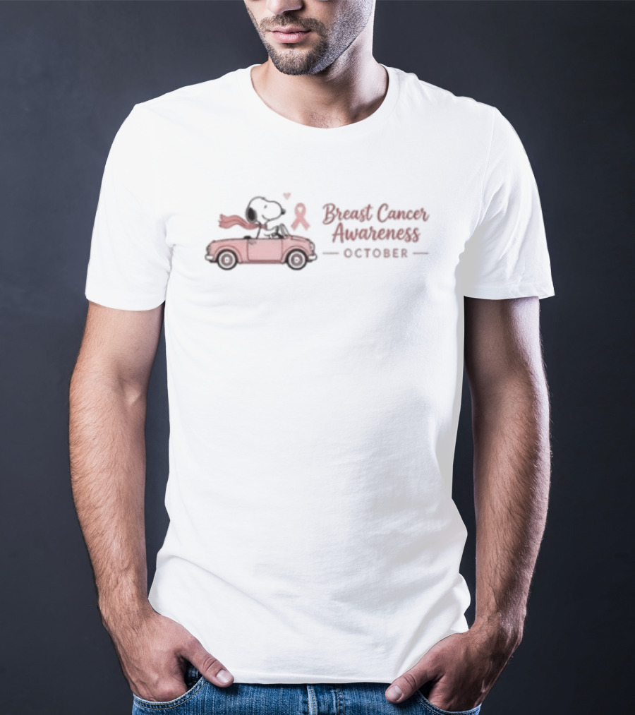 Snoopy Breast Cancer Awareness October With Pink Ribbon Car T-Shirt