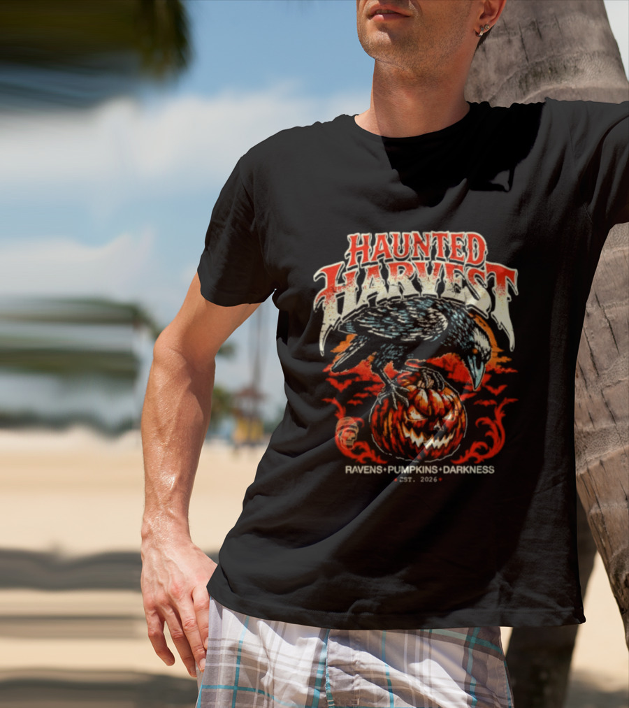 Haunted Harvest Ravens Pumpkins Darkness Est 2026 T-Shirt