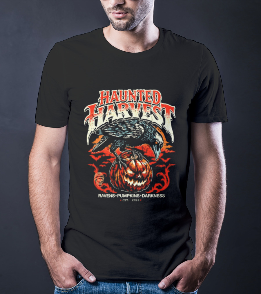 Haunted Harvest Ravens Pumpkins Darkness Est 2026 T-Shirt