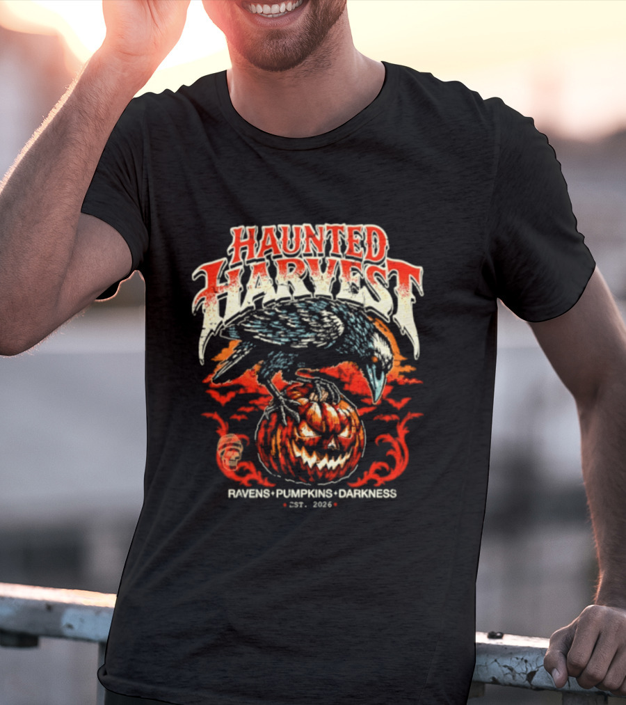 Haunted Harvest Ravens Pumpkins Darkness Est 2026 T-Shirt