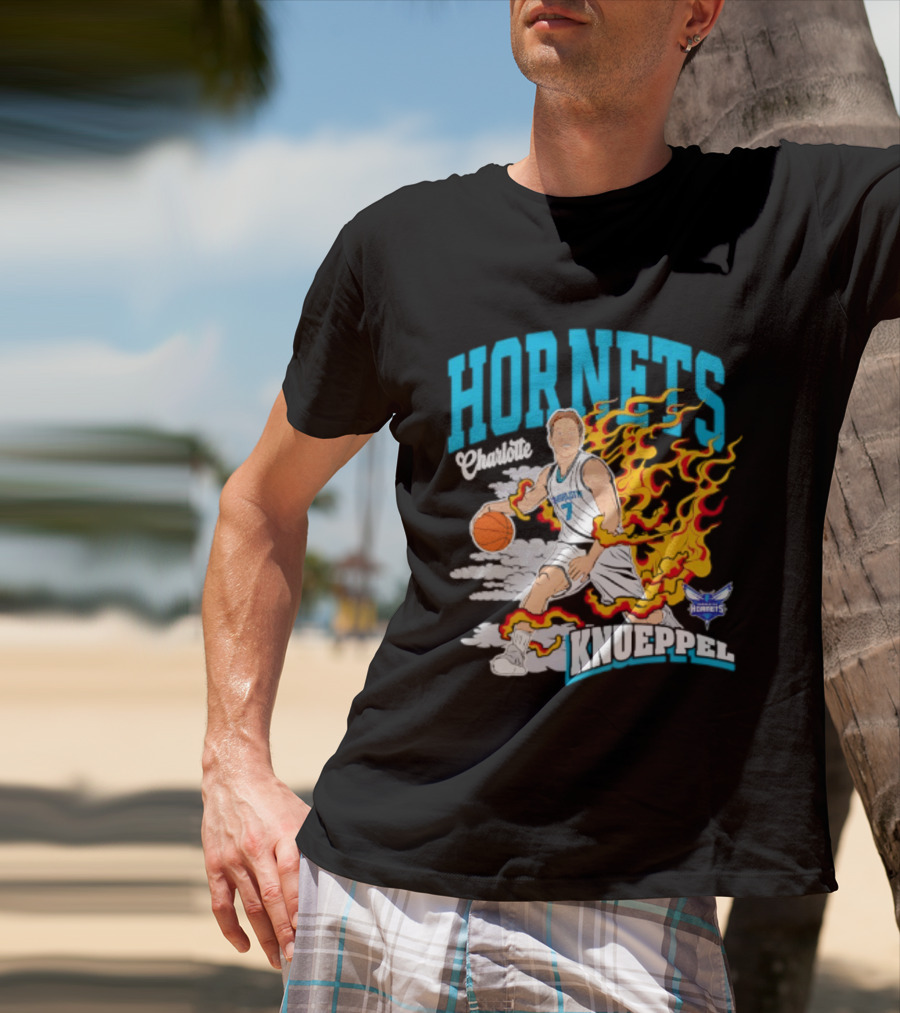 Charlotte Hornets Kon Knueppel Basketball With Flames Motif T-Shirt