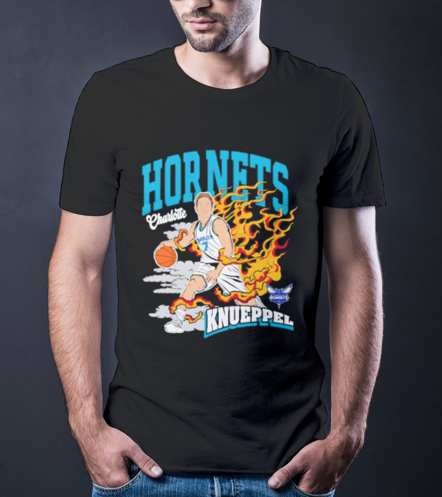 Charlotte Hornets Kon Knueppel Basketball With Flames Motif T-Shirt