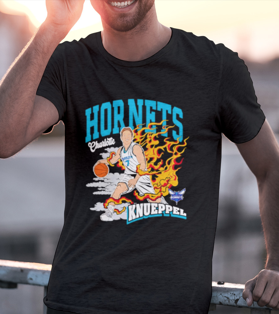 Charlotte Hornets Kon Knueppel Basketball With Flames Motif T-Shirt