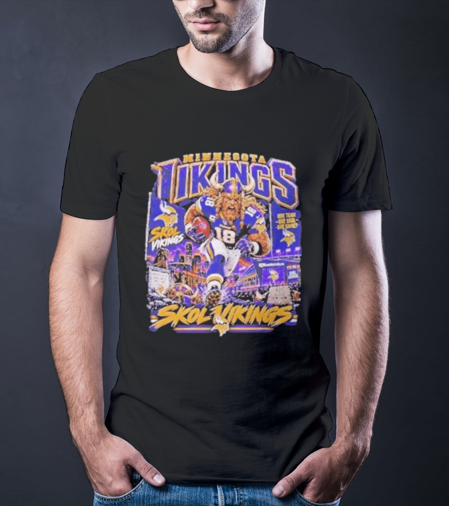 Minnesota Vikings Skol Vikings One Team One Skol One Family 18 Football City Highlights T-Shirt