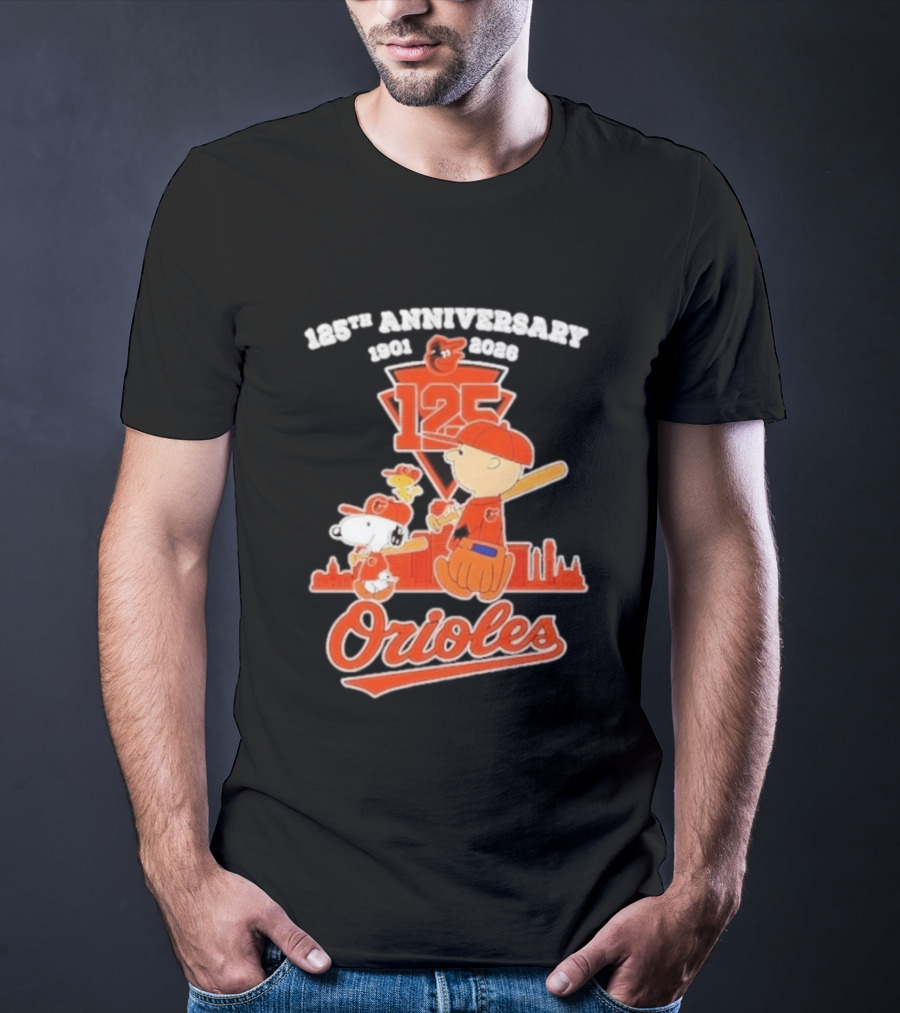 Peanuts Snoopy Baltimore Orioles 125th Anniversary 1901 2026 Skyline Baseball T-Shirt