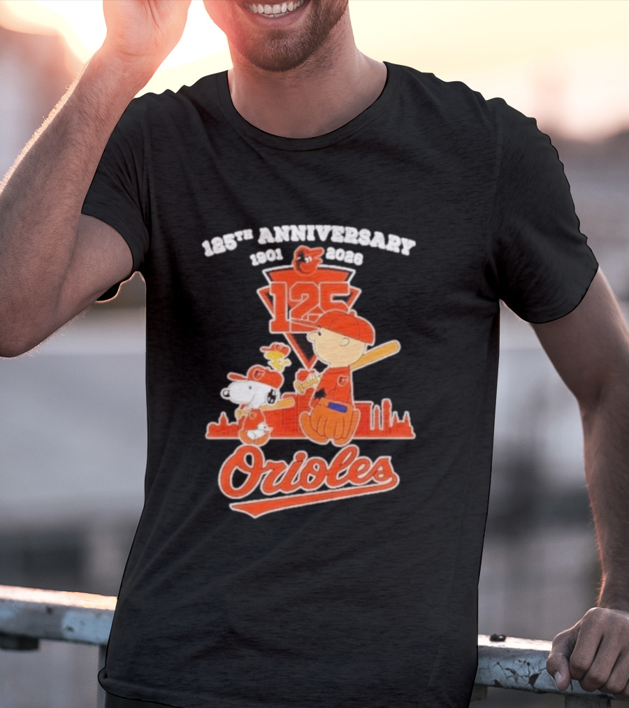 Peanuts Snoopy Baltimore Orioles 125th Anniversary 1901 2026 Skyline Baseball T-Shirt