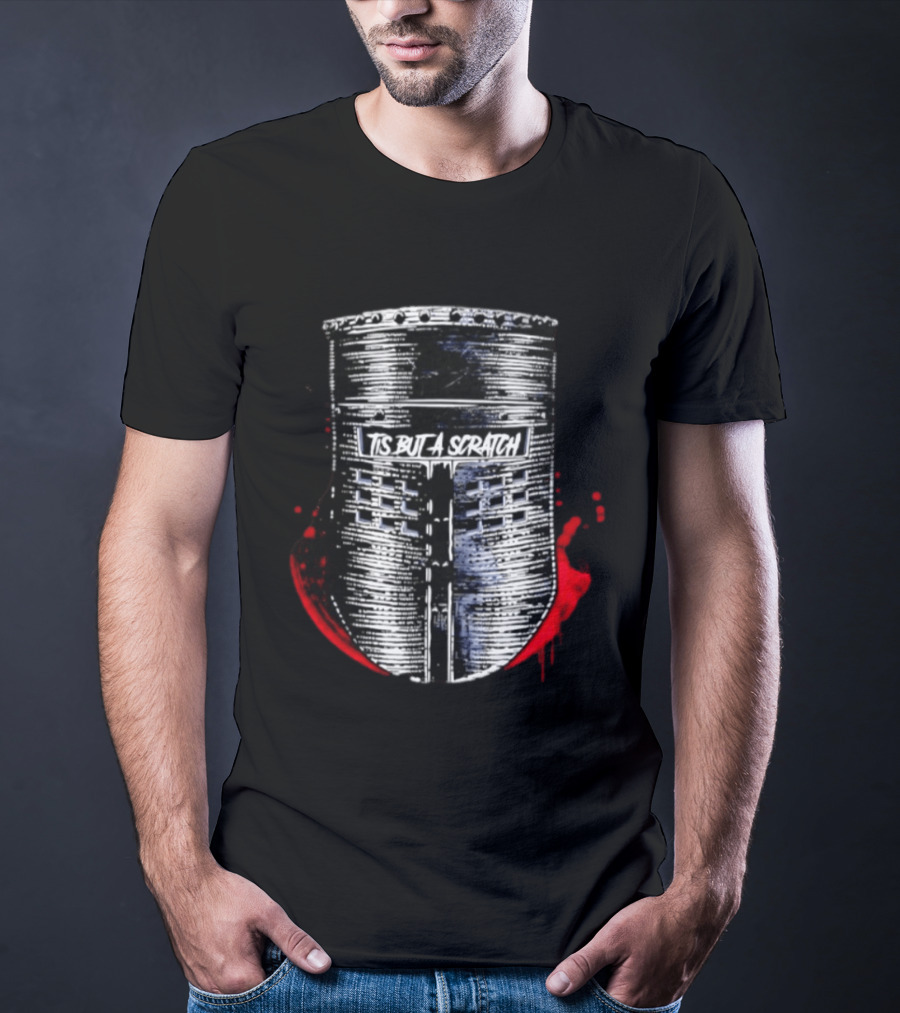 Tis But A Scratch Knight Helmet Monty Python Black Knight Blood Splatter T-Shirt