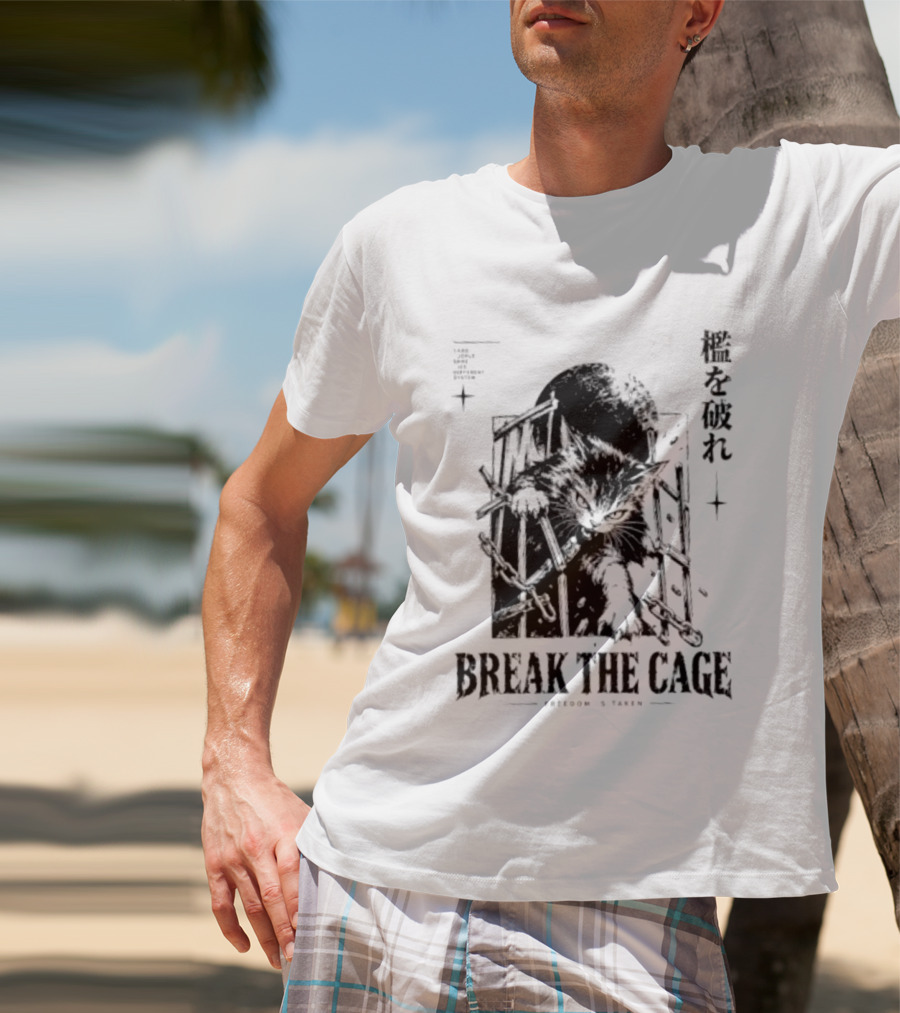 Break The Cage Freedom Is Taken Cat Kanji T-Shirt