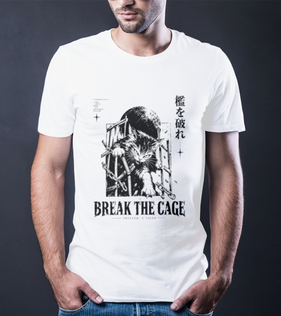 Break The Cage Freedom Is Taken Cat Kanji T-Shirt